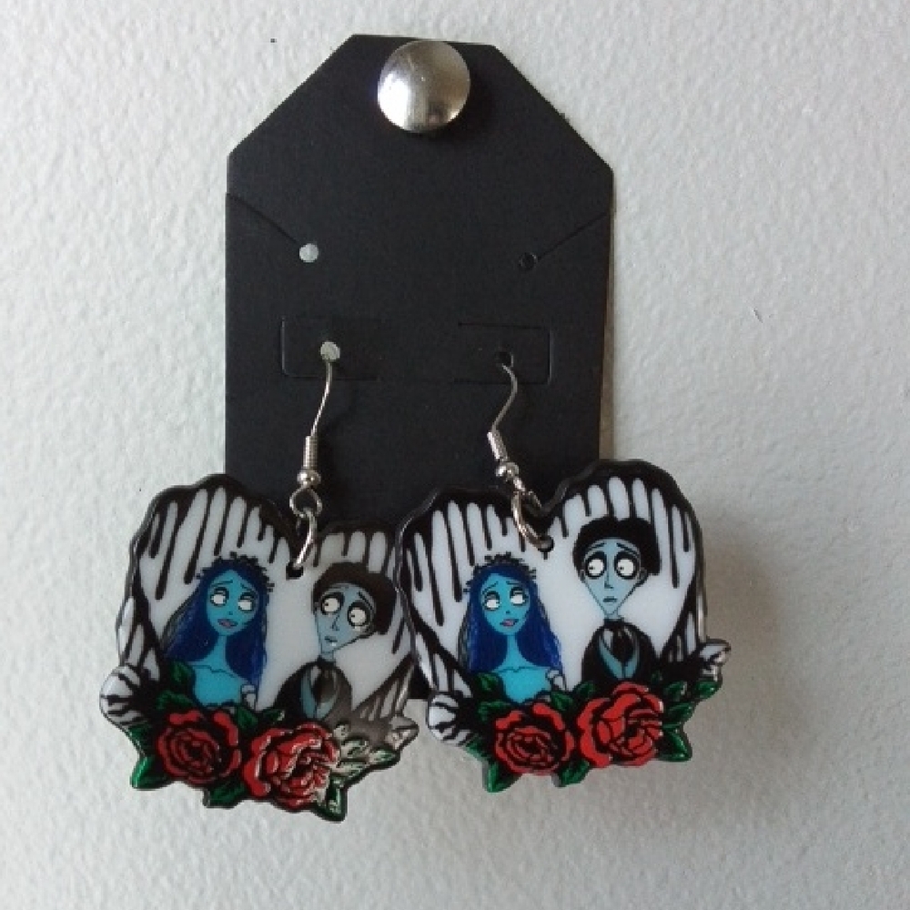 Gothic Couple Earrings with Red Roses